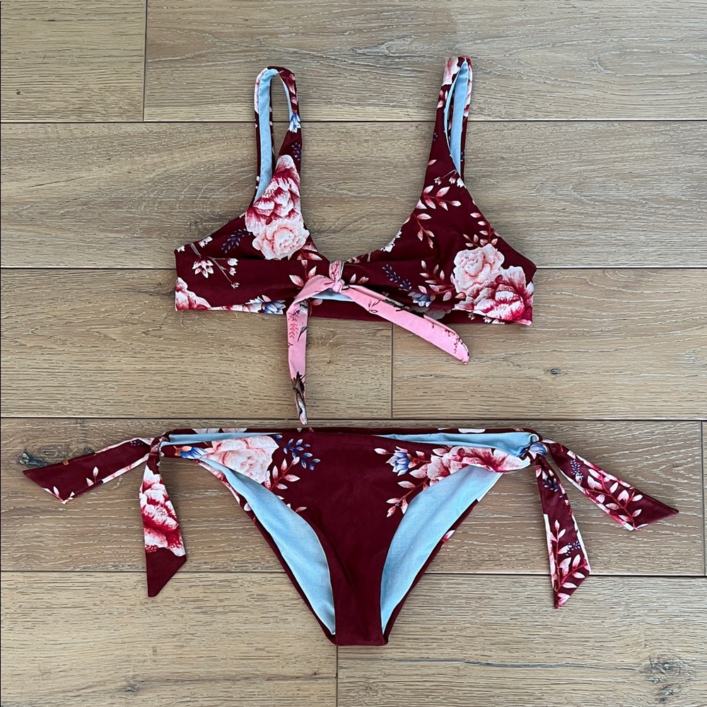 Agua Bendita Burgundy and Pink Floral Bikini